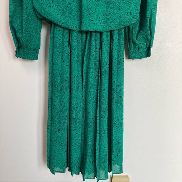 Vintage Womens M Kelly Green Alligator Print Tie Neck Secretary Twee Midi Dress - Picture 8 of 9